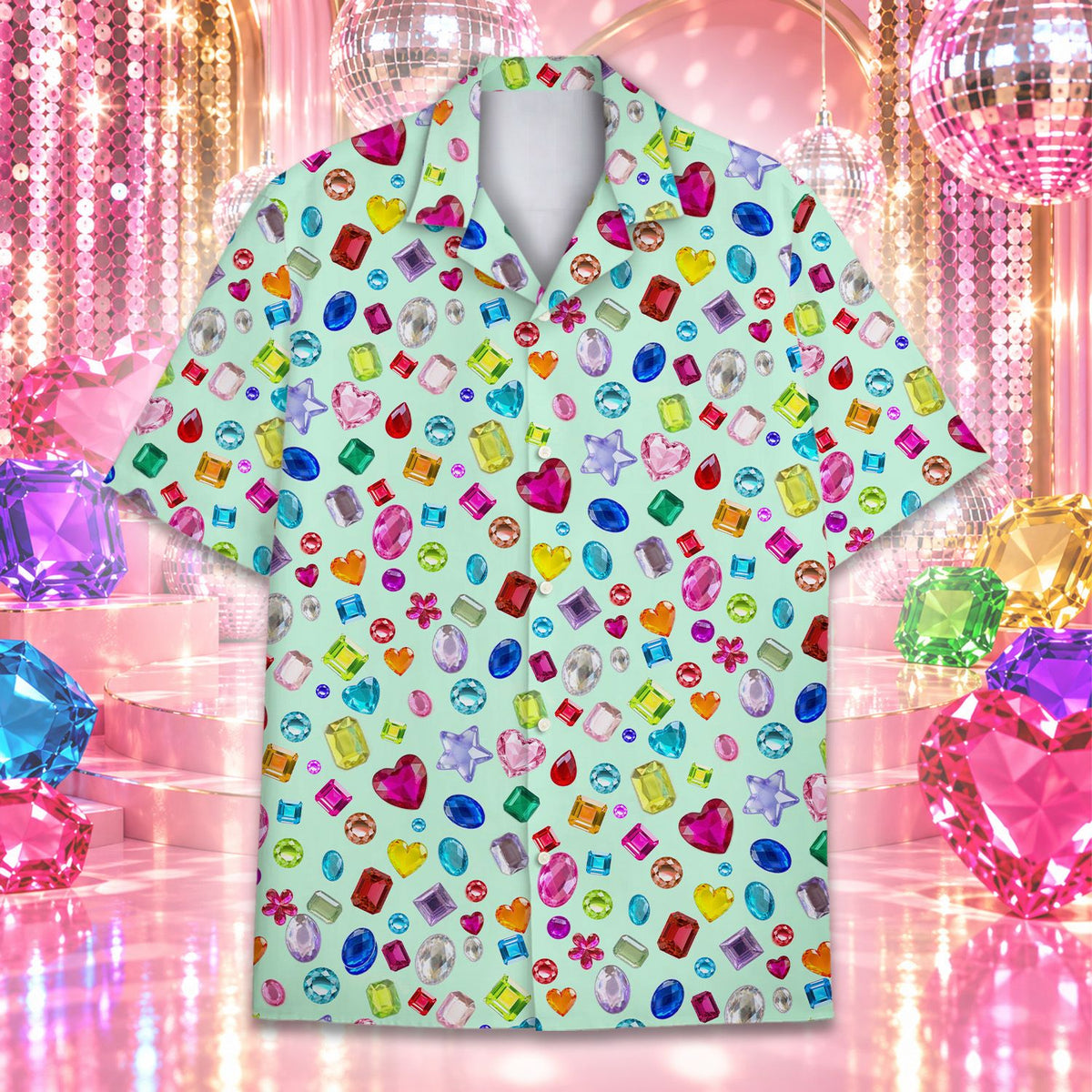 Multicolor gemstones hawaiian shirt, front detail 5