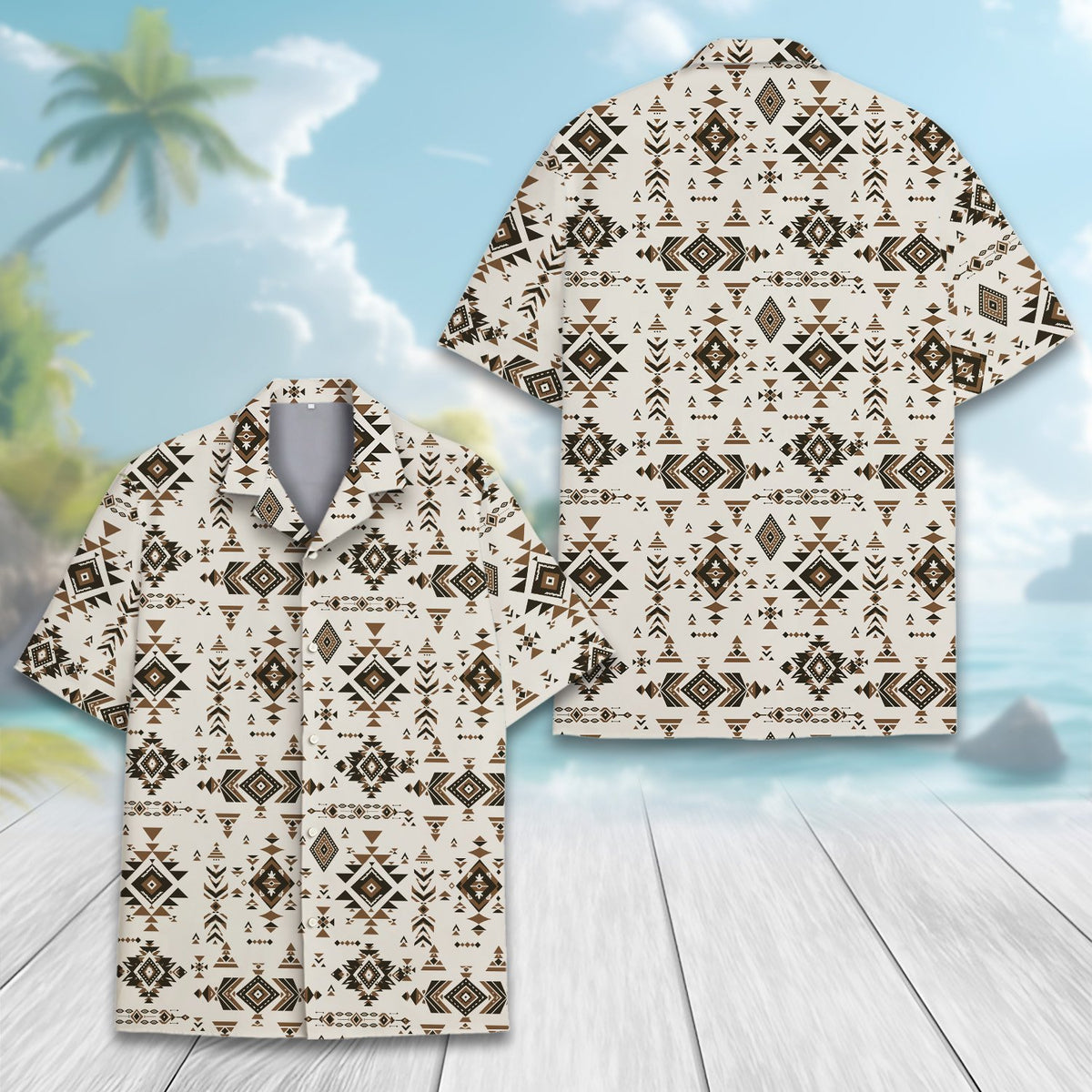 Detailed front view of beige geometric hawaiian shirt