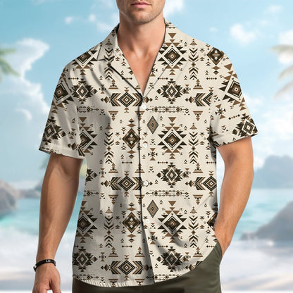 Final lifestyle view of the geometric hawaiian shirt