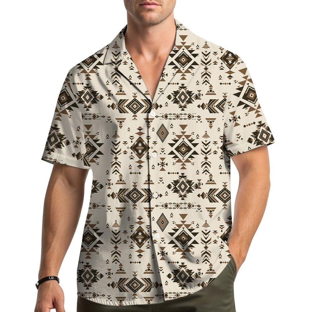 Lifestyle view of geometric native hawaiian shirt