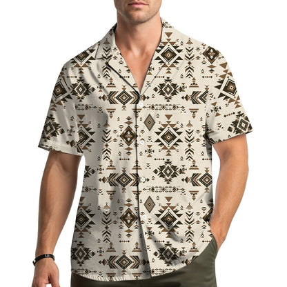 Lifestyle view of geometric native hawaiian shirt
