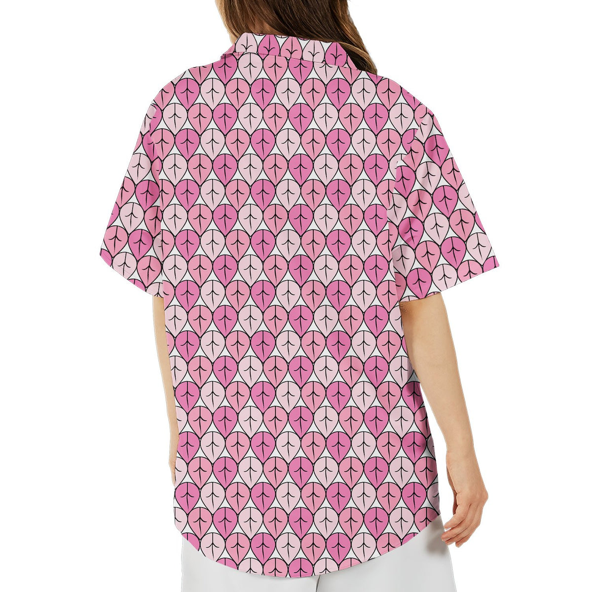 Back view of the pink geometric hawaiian shirt