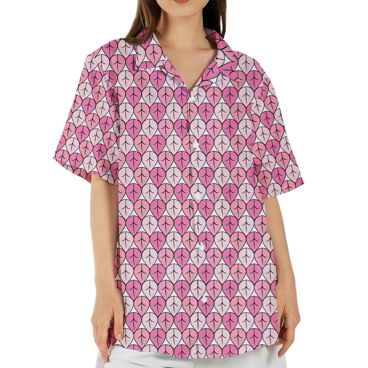 Front view of the pink geometric hawaiian shirt featuring a scalloped teardrop pattern