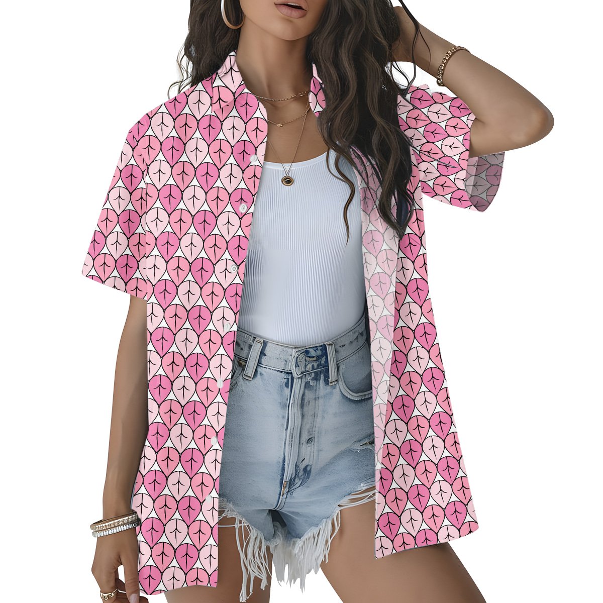 Second lifestyle view of the matching family hawaiian shirts in the pink geometric teardrop design