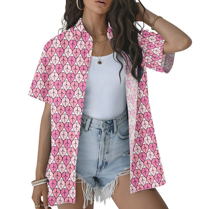 Second lifestyle view of the matching family hawaiian shirts in the pink geometric teardrop design