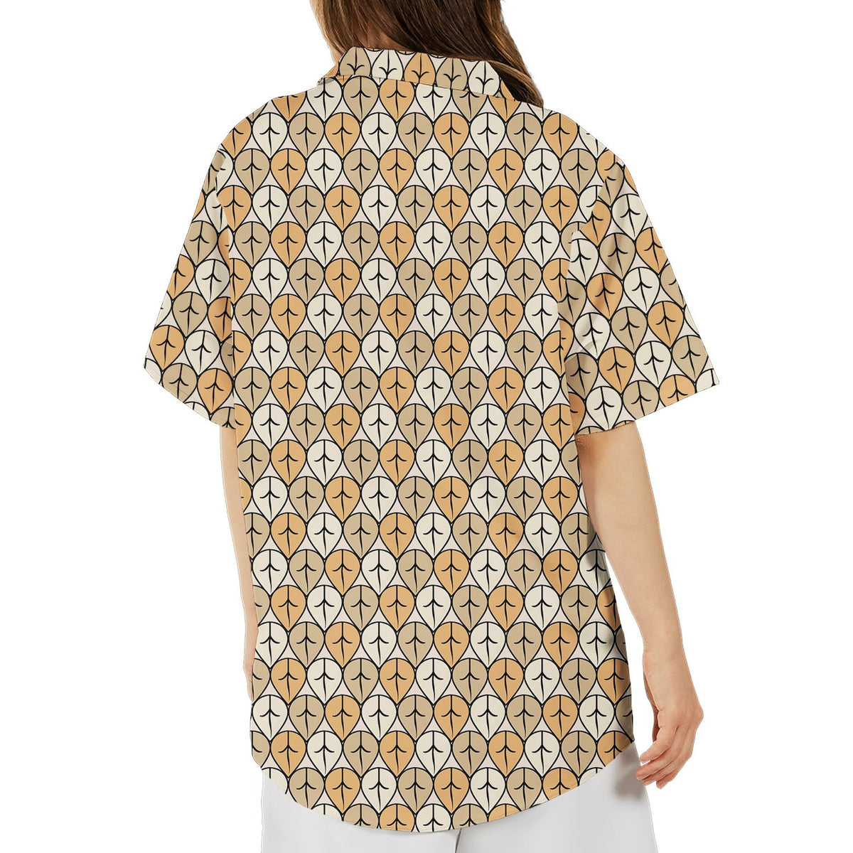 Geometric retro hawaiian shirt in beige and black, back view