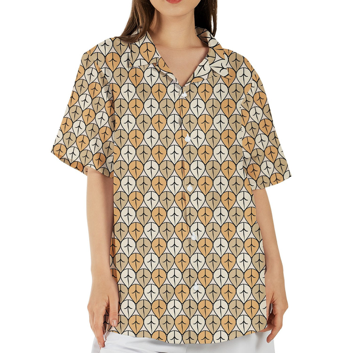 Geometric retro hawaiian shirt in beige and black, front view