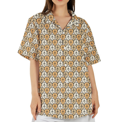 Geometric retro hawaiian shirt in beige and black, front view