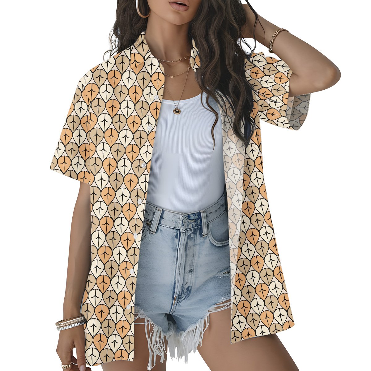Another lifestyle view featuring the beige geometric hawaiian shirt