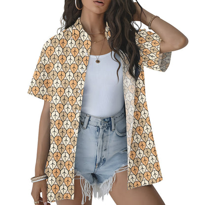 Another lifestyle view featuring the beige geometric hawaiian shirt