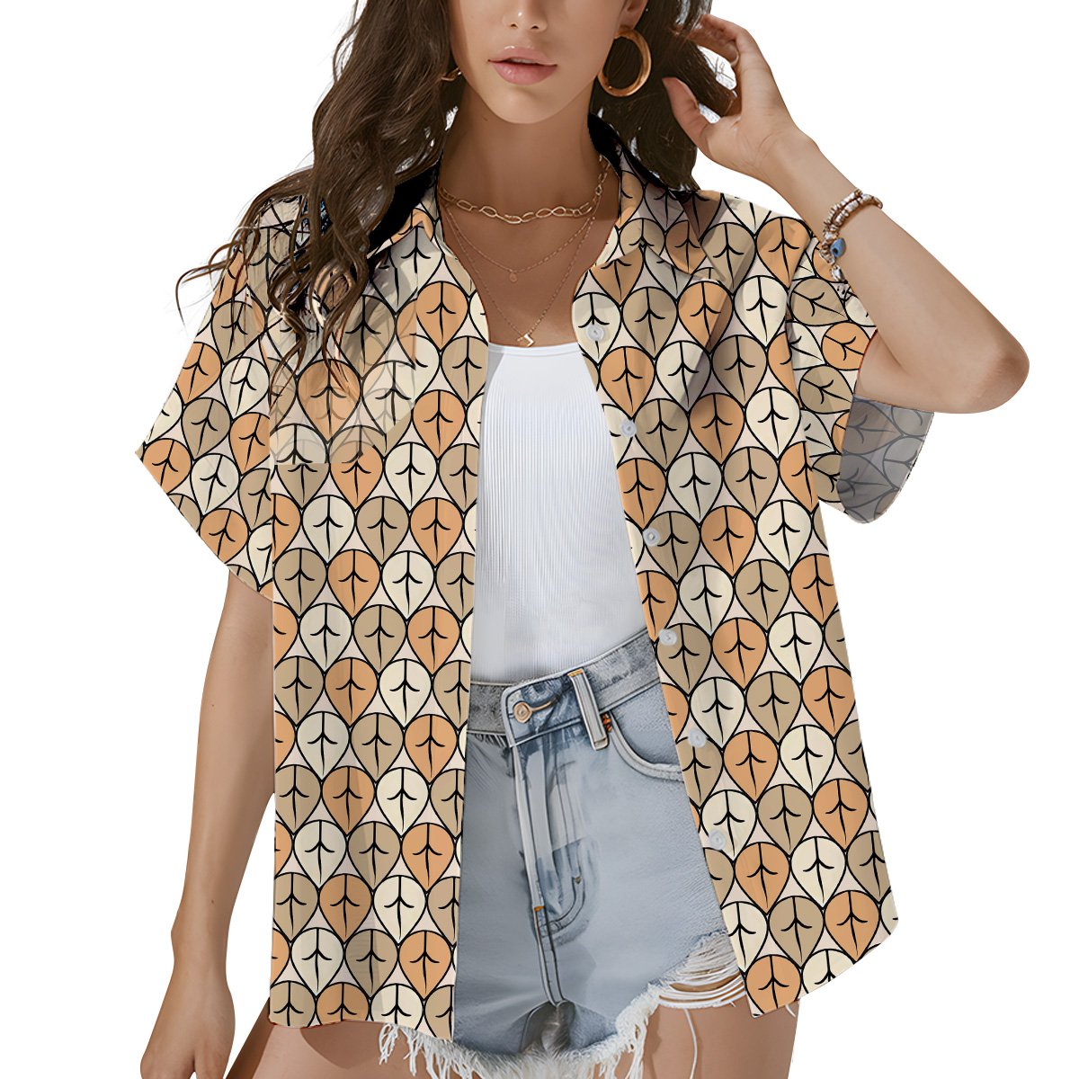 Lifestyle view of a person wearing the geometric retro hawaiian shirt