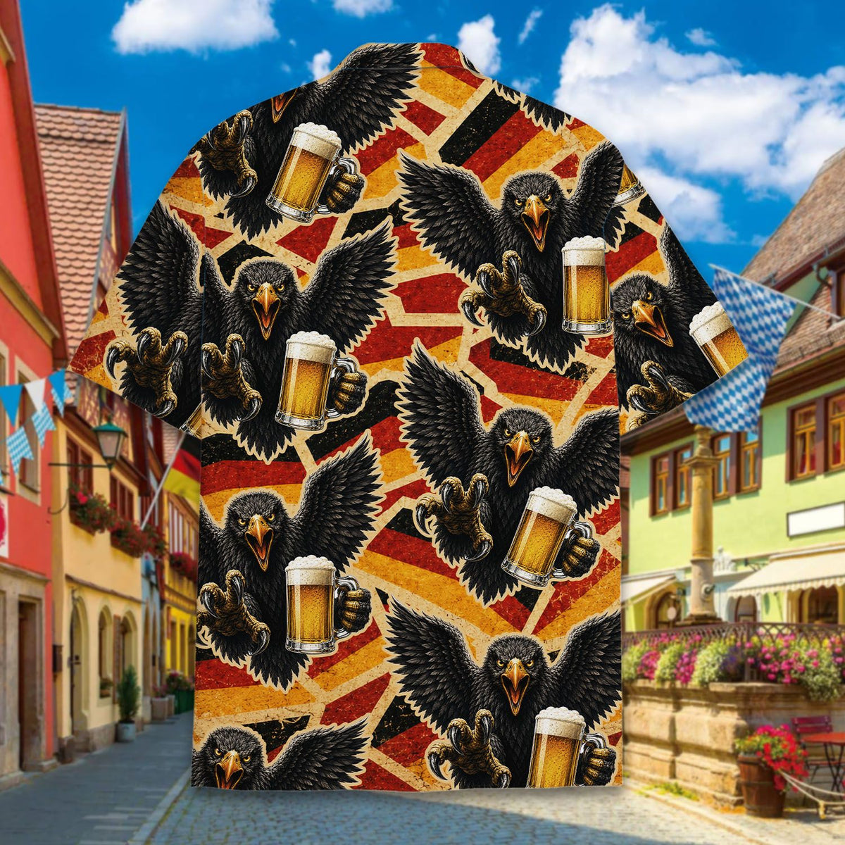 Close up back view of the Germany eagle beer hawaiian shirt pattern
