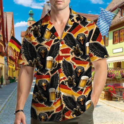 Front angle view of the Germany eagle beer hawaiian shirt