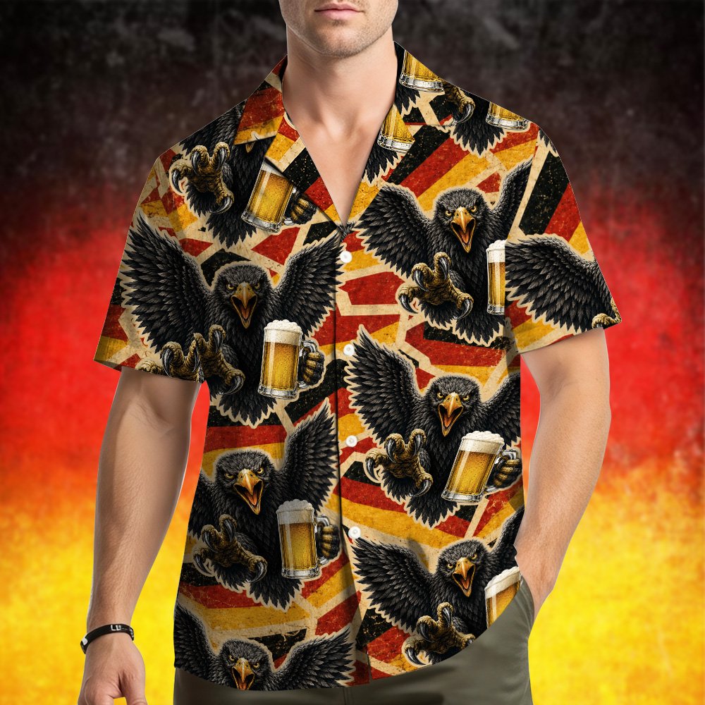 Lifestyle view of the vintage Germany eagle beer hawaiian shirt