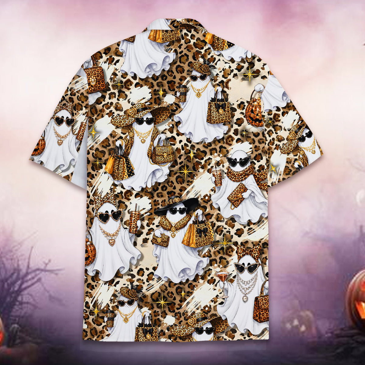 Another back view of the leopard print hawaiian shirt