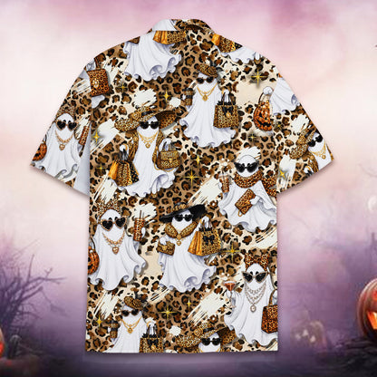 Another back view of the leopard print hawaiian shirt