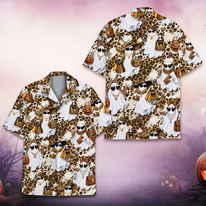 Detailed front view of the ghosts and leopard print hawaiian shirt