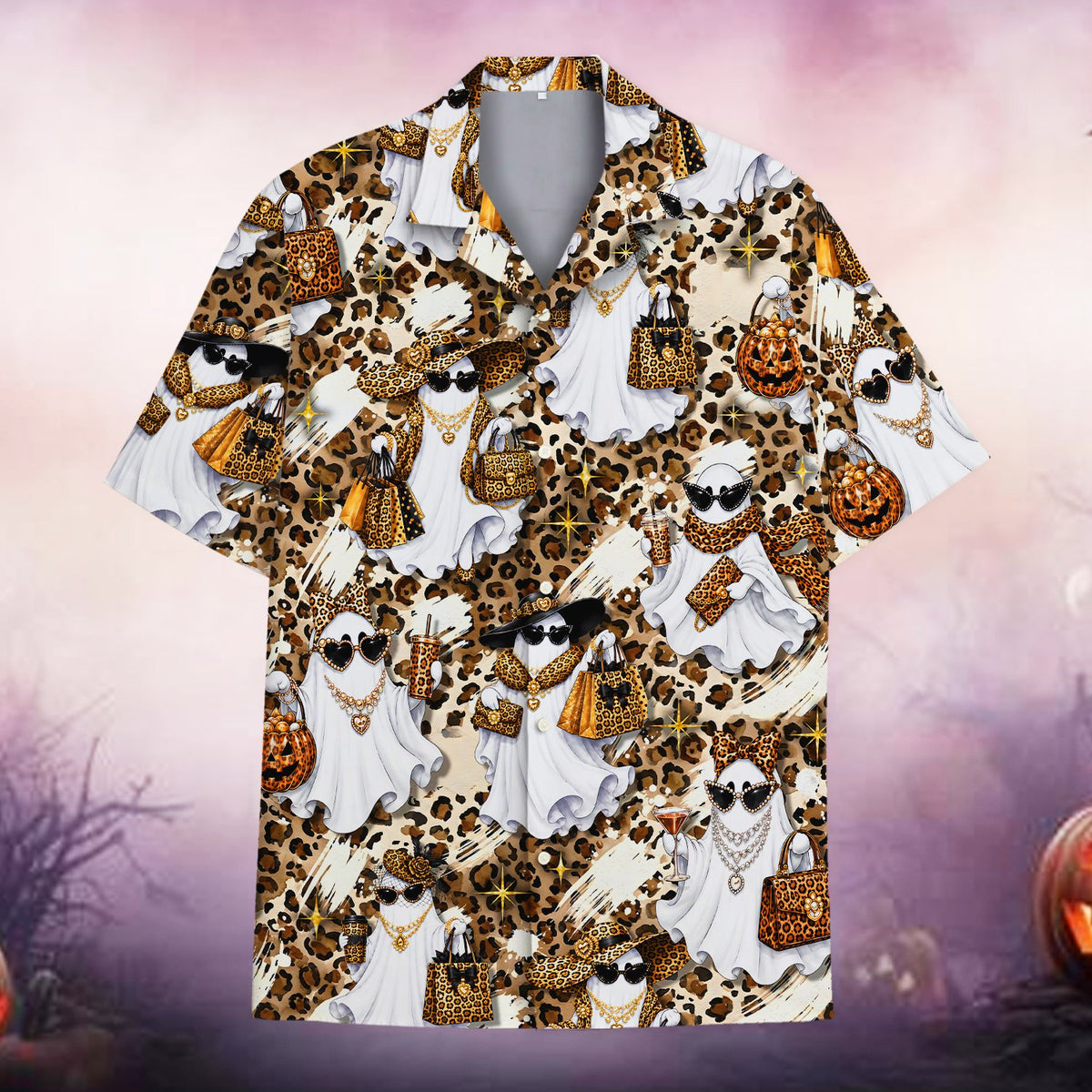Main view of the matching family hawaiian shirts with ghosts and leopard print