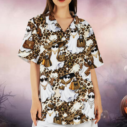 Lifestyle shot of the ghosts and leopard print matching family hawaiian shirts