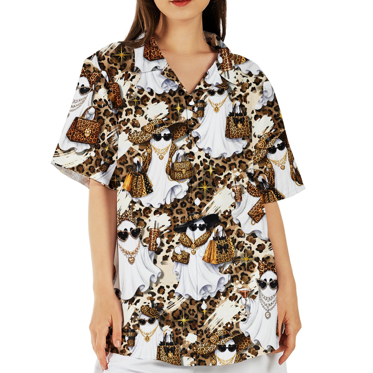 Lifestyle image showing the halloween hawaiian shirt being worn