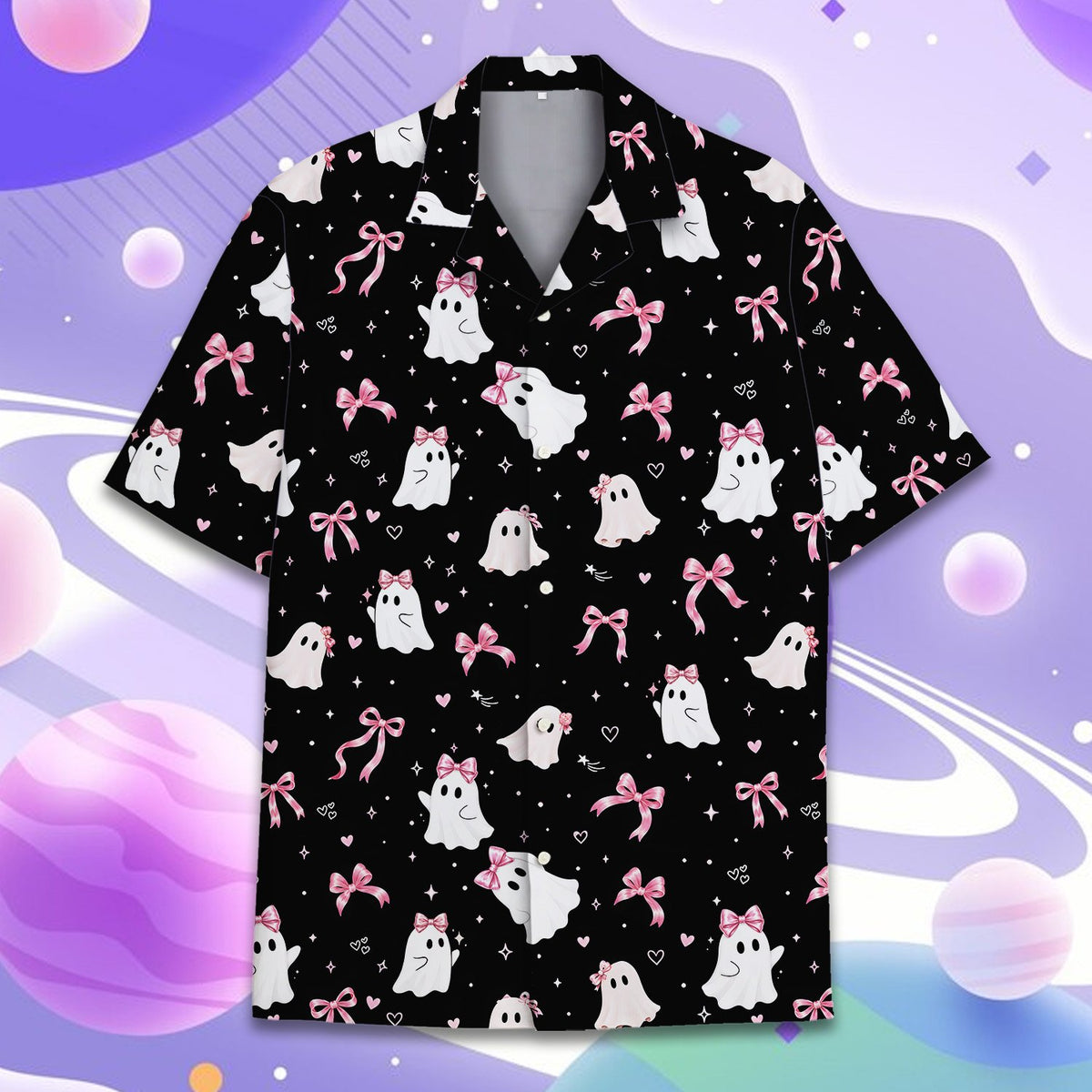 Detailed front view of the black halloween hawaiian shirt