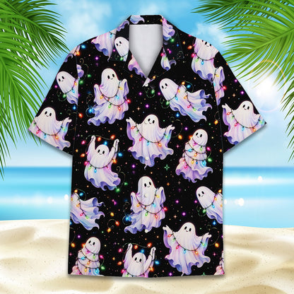 Front view of the ghosts hawaiian shirt with colorful lights pattern
