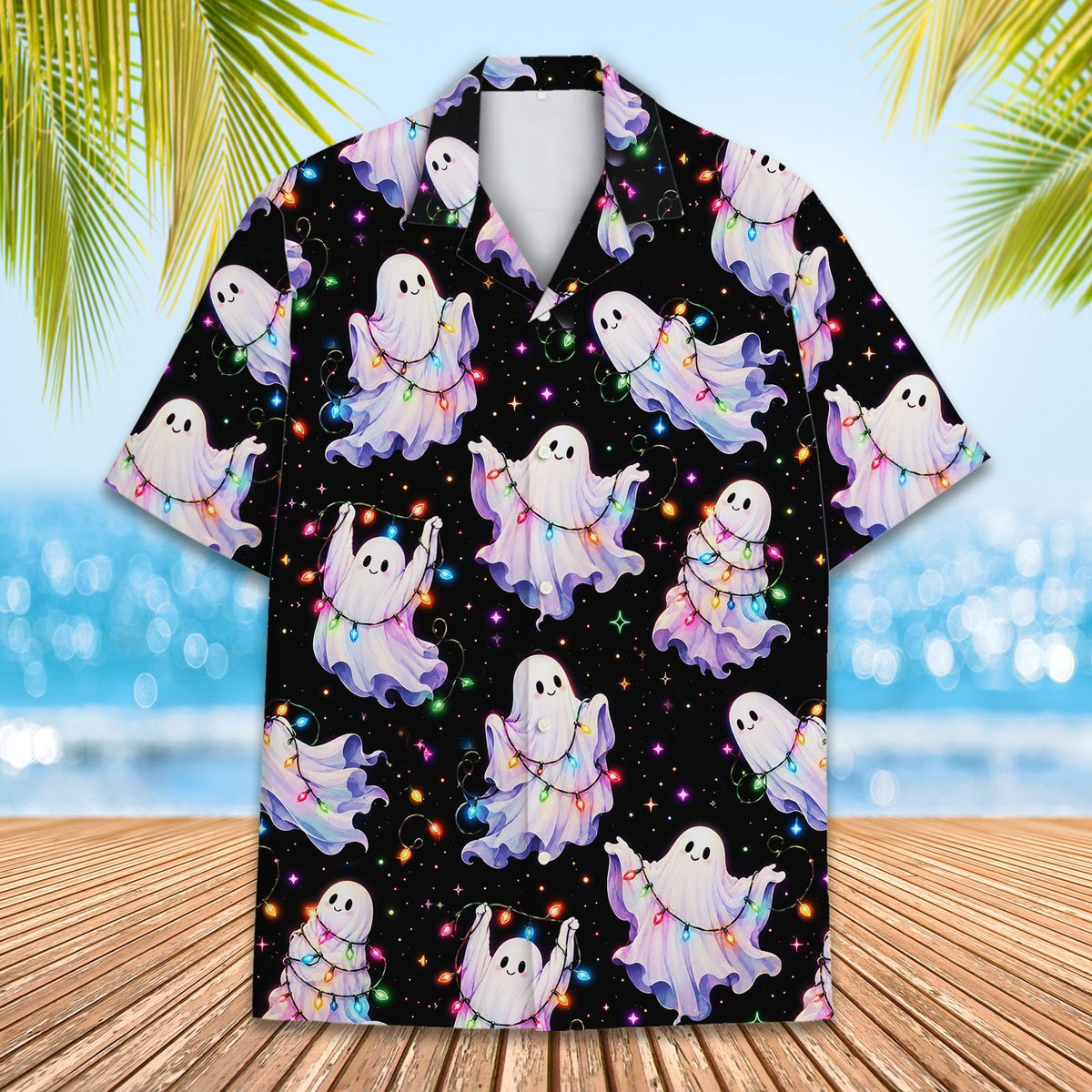 Close up front view of the matching family hawaiian shirt
