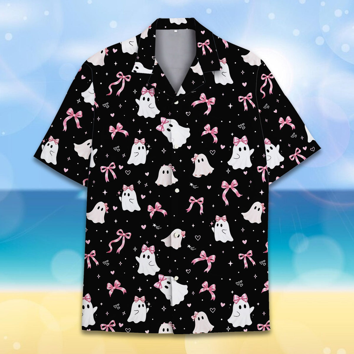 Close up front view of the black polyester hawaiian shirt