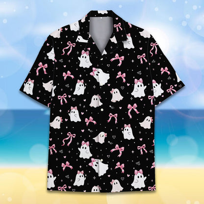 Close up front view of the black polyester hawaiian shirt