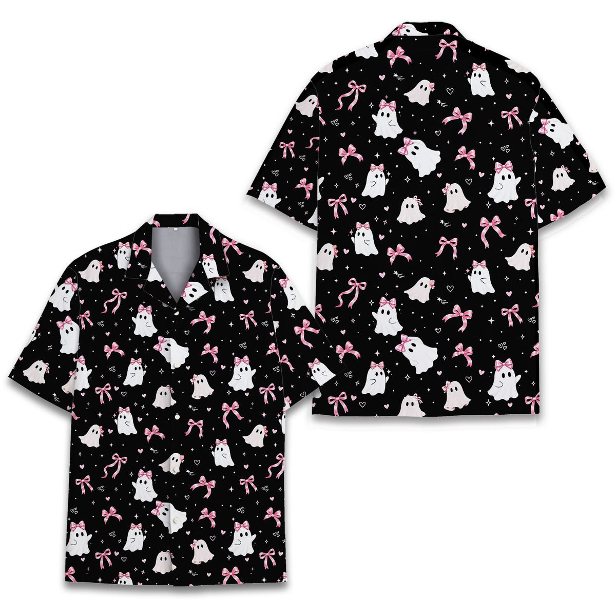 Front view of matching family hawaiian shirt featuring ghosts and pink bows