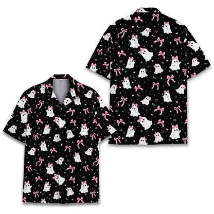 Front view of matching family hawaiian shirt featuring ghosts and pink bows