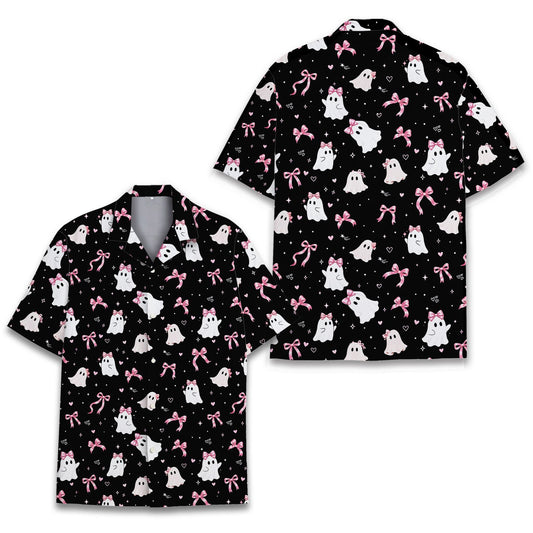 Main front view of black ghosts hawaiian shirt for family matching