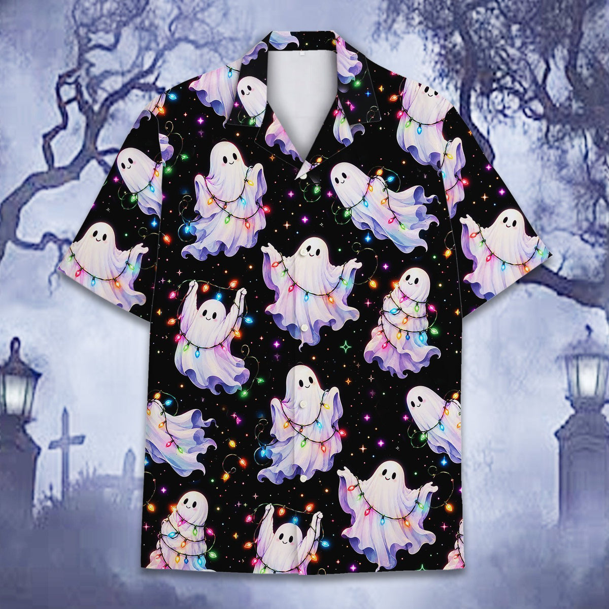 Black holiday hawaiian shirt with ghosts and stars, main view