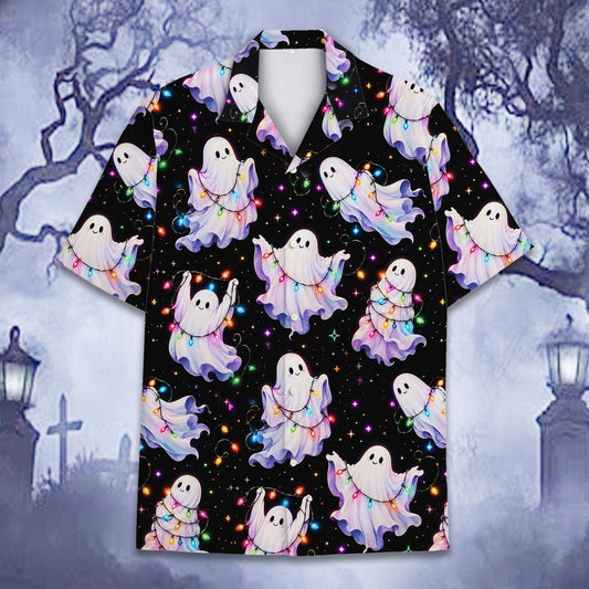 Black ghosts hawaiian shirt with colorful string lights pattern, family matching, main view