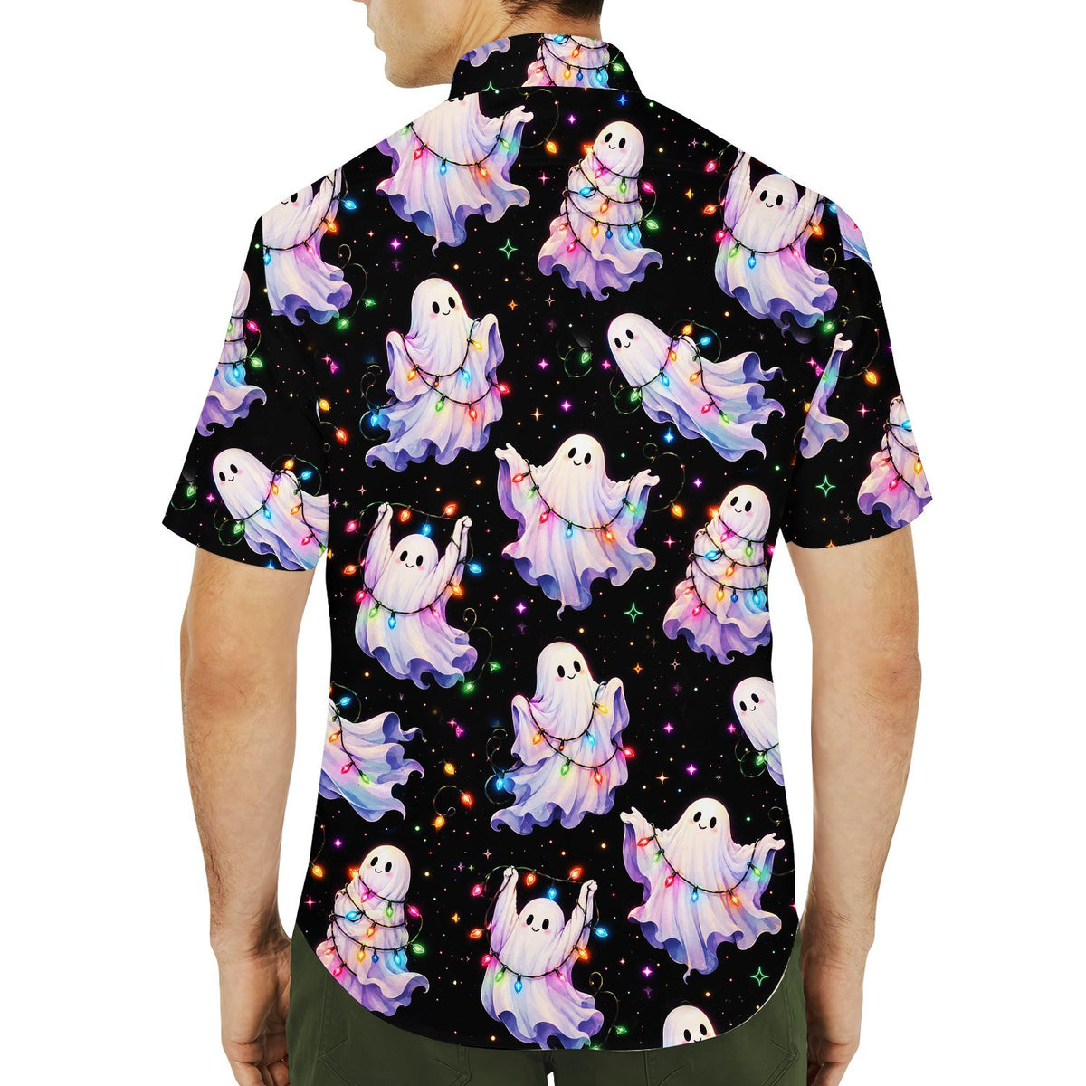 Another lifestyle view of family in the black ghosts hawaiian shirt