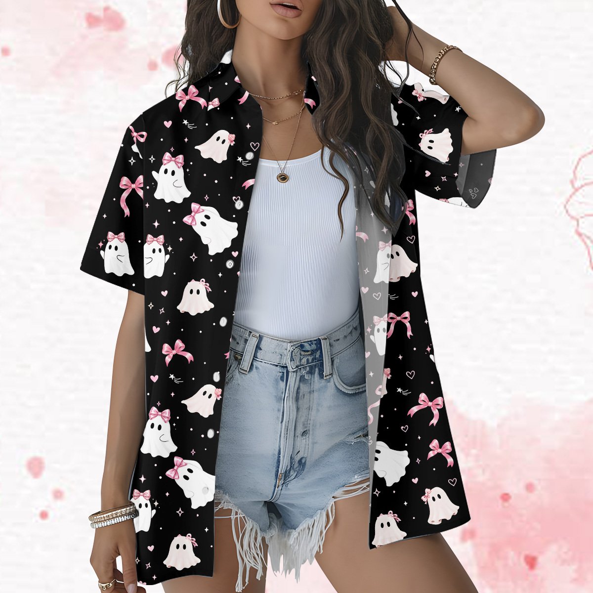 Third lifestyle view of the black ghosts hawaiian shirt in a festive setting