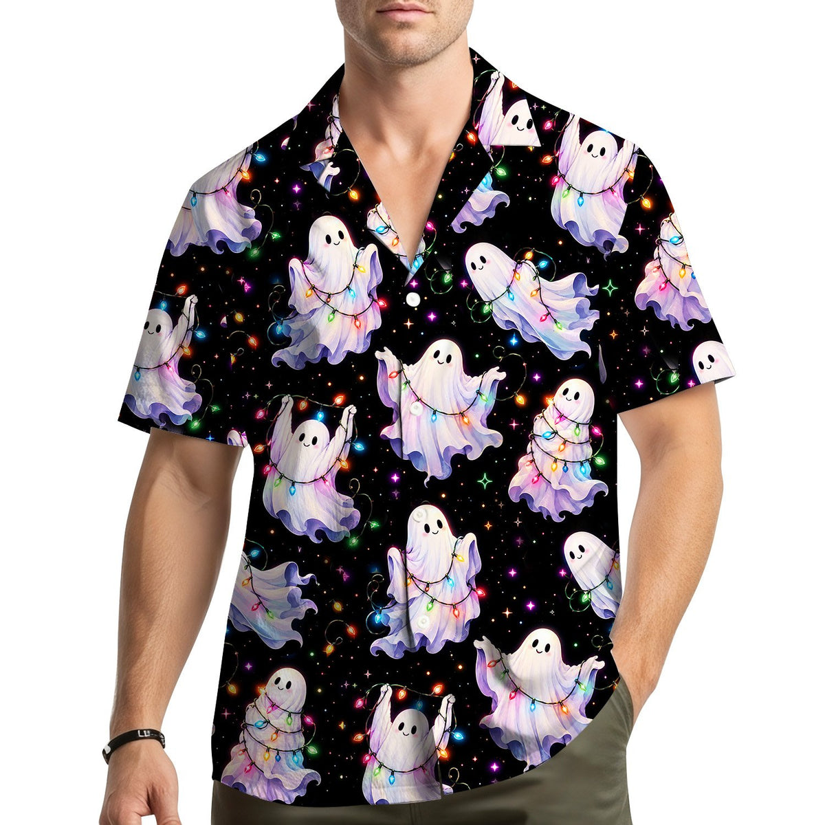 Lifestyle view of family wearing the matching ghosts hawaiian shirts