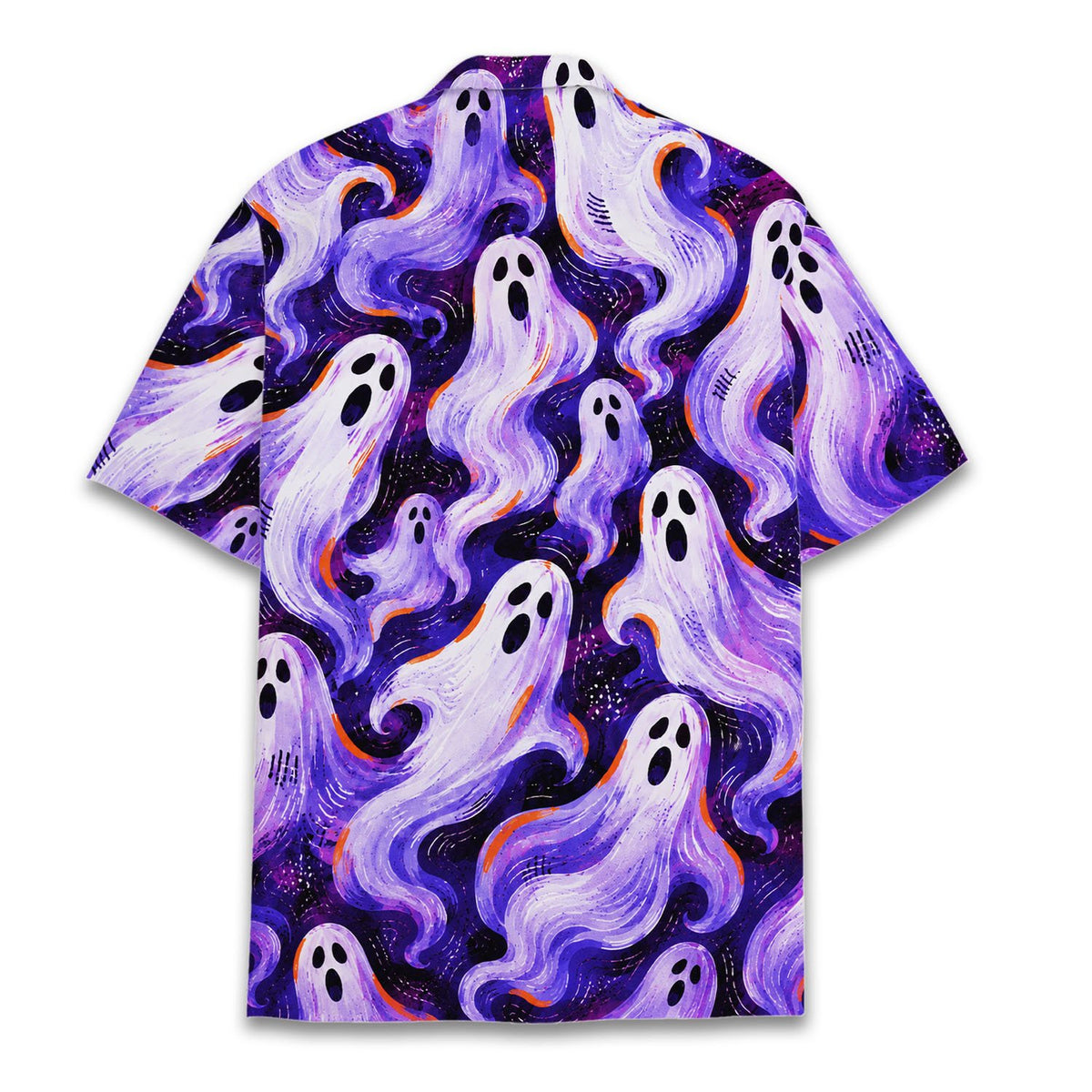 Back view of the purple ghosts hawaiian shirt displaying the continuous dark starry night pattern