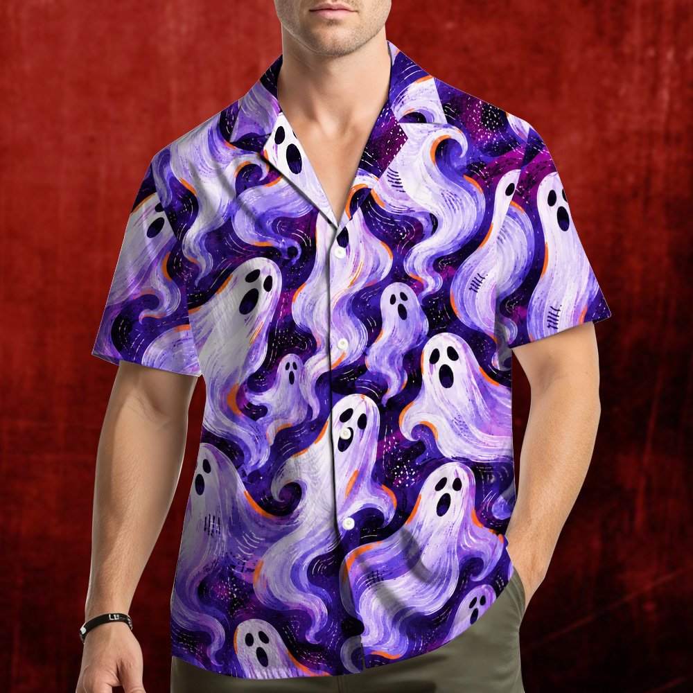 Close-up front view of the halloween hawaiian shirt highlighting the white ghosts and black eyes