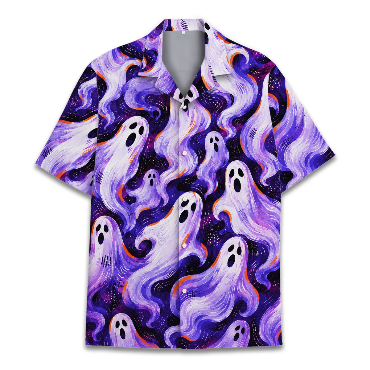 Additional front angle of the matching family hawaiian shirt in purple