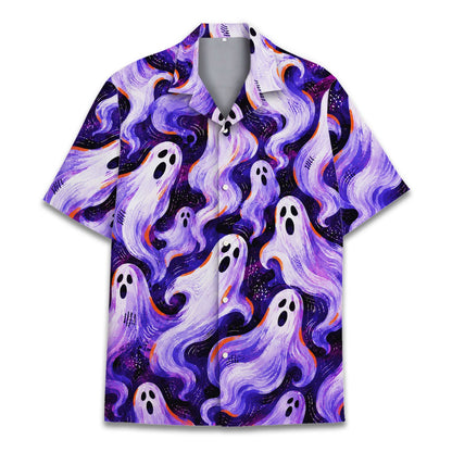 Additional front angle of the matching family hawaiian shirt in purple