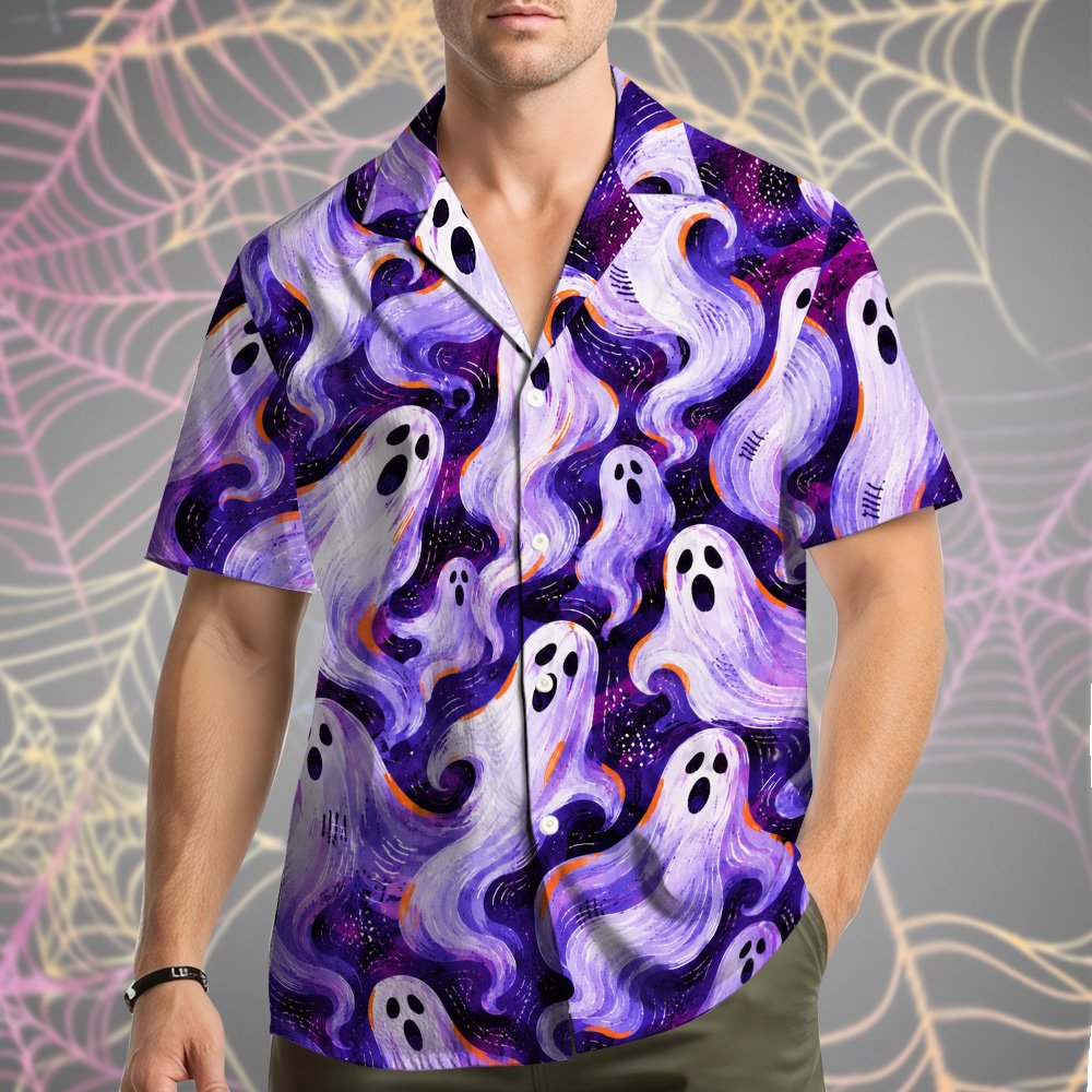 Festive purple ghosts hawaiian shirt perfect for family matching outfits, fourth main view
