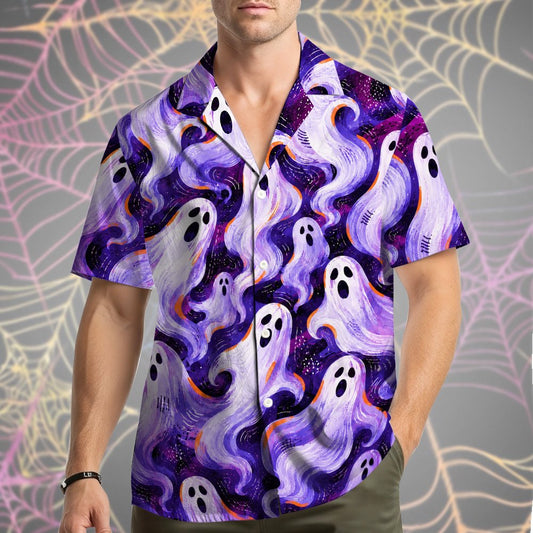 Purple ghosts hawaiian shirt featuring an all-over print of white ghosts on a dark purple starry background, front view