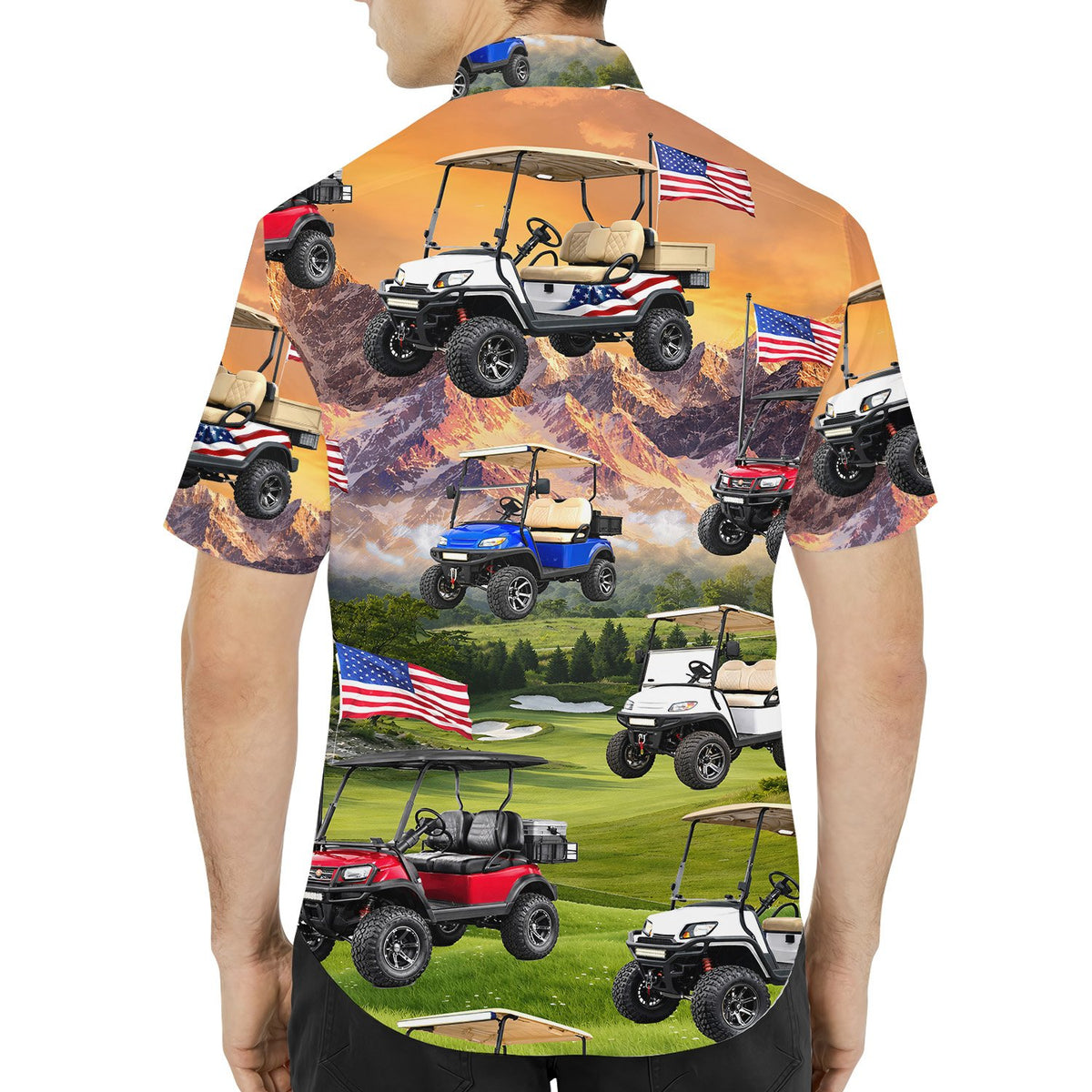 Back view of the green golf hawaiian shirt with sunset and USA flags