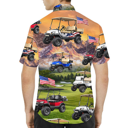 Back view of the green golf hawaiian shirt with sunset and USA flags