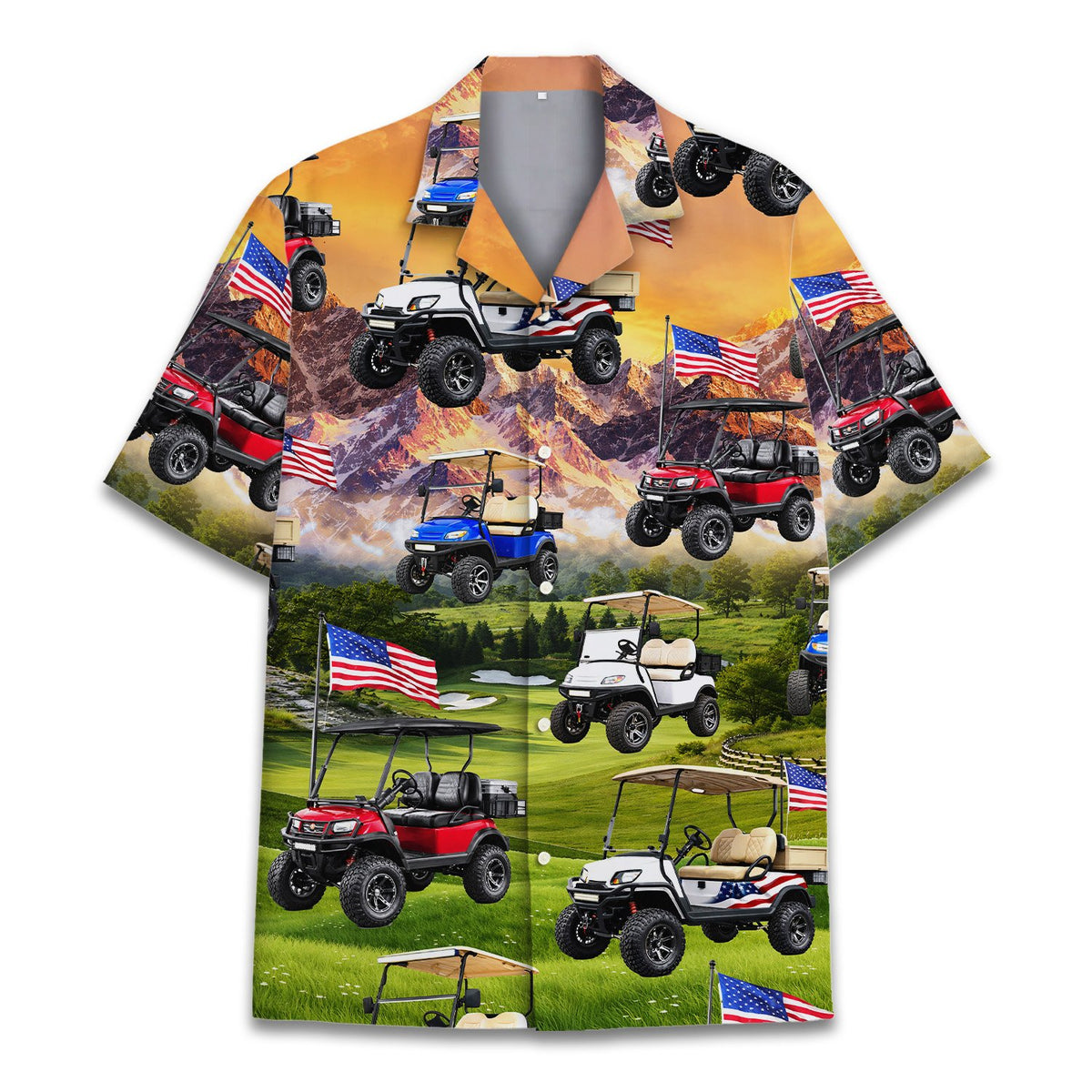 Another front view of the golf hawaiian shirt with American flags on carts