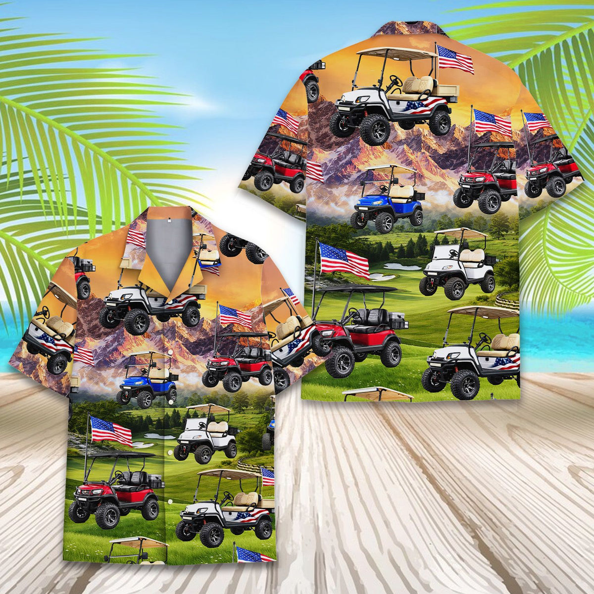 Front angle of the sunset and golf carts hawaiian shirt