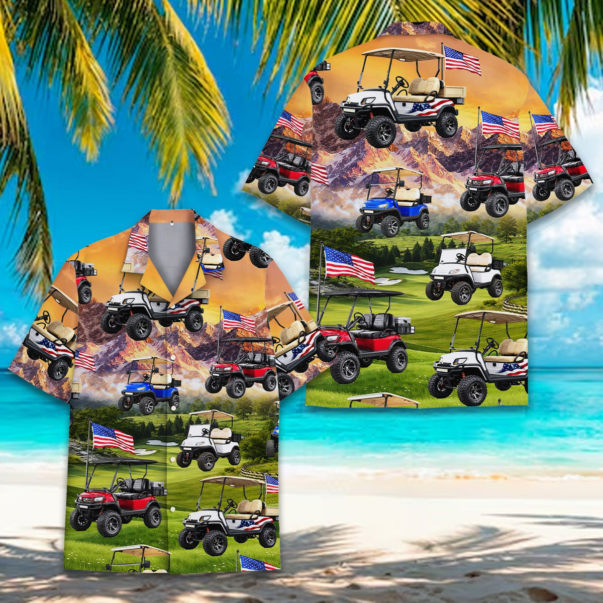 Close up front view of the green golf hawaiian shirt pattern