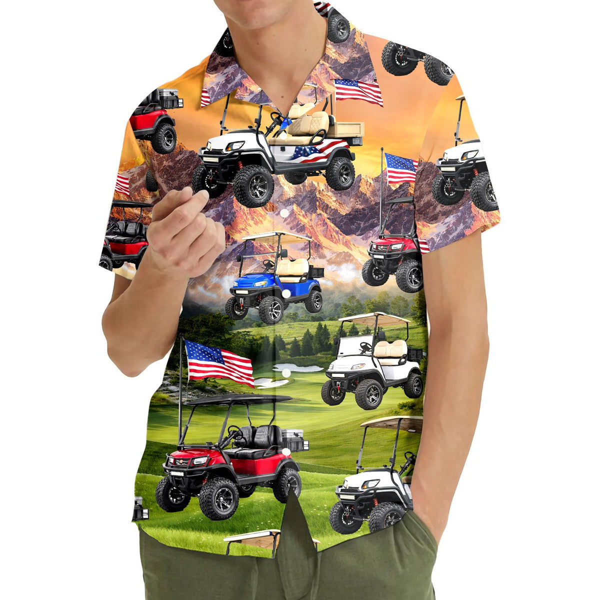 Front view of the green golf hawaiian shirt showcasing a sunset landscape and golf course