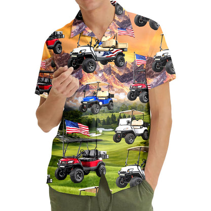 Front view of the green golf hawaiian shirt showcasing a sunset landscape and golf course